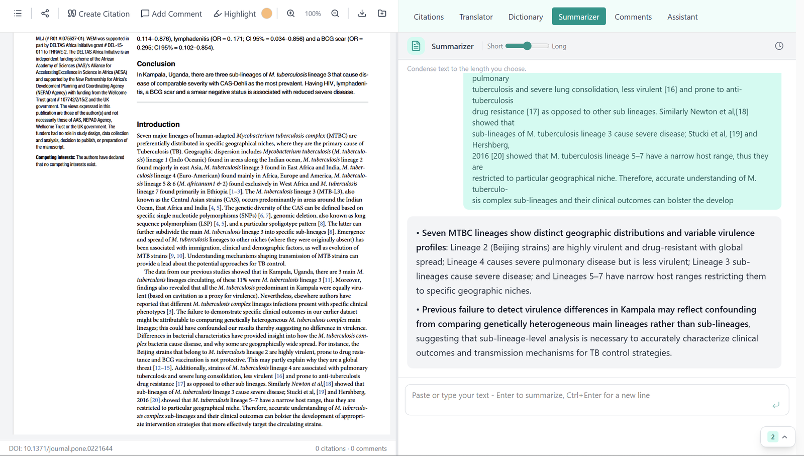Flowcite document viewer with the Summarizer panel open